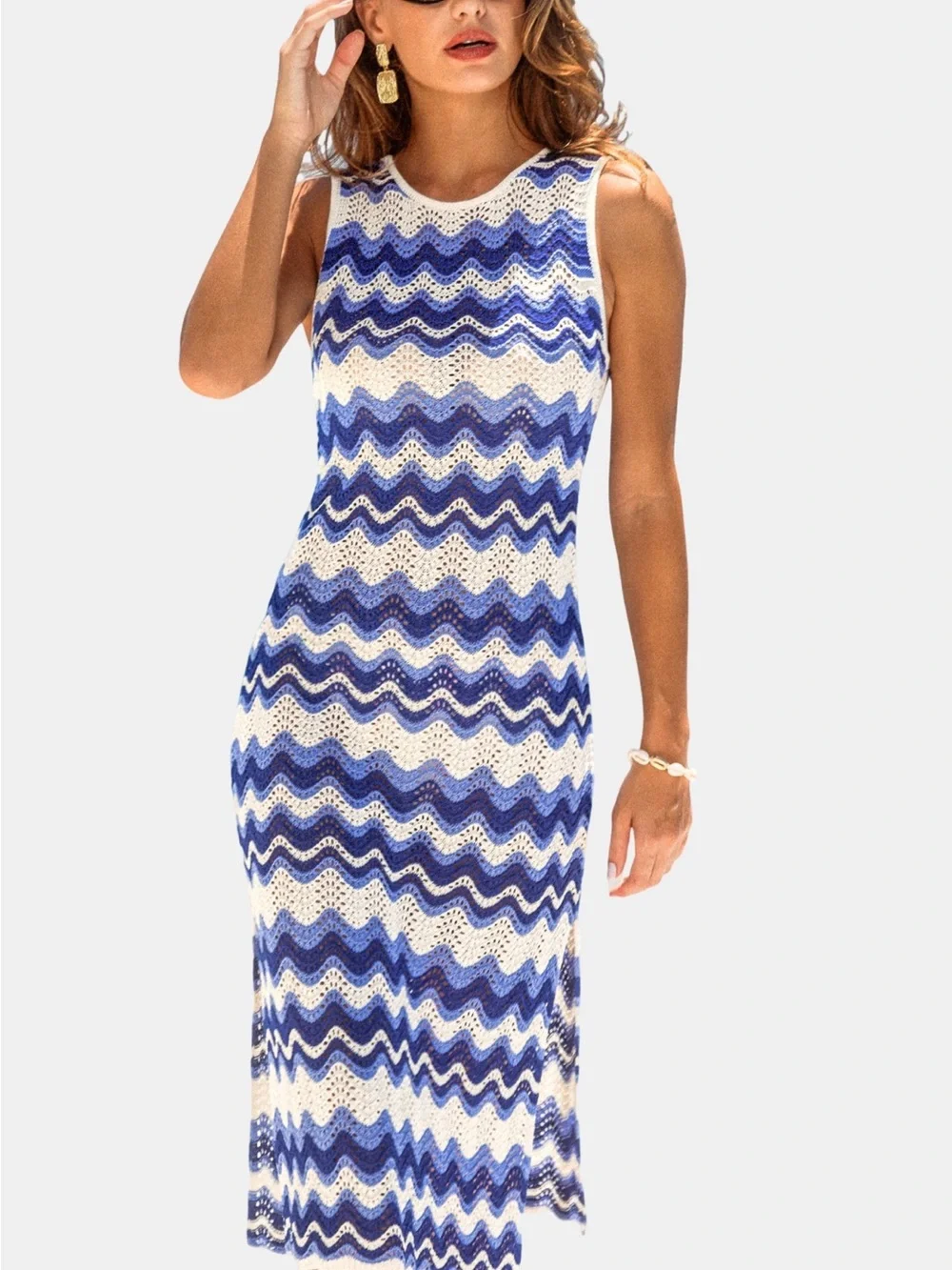 Cupshe NWT S Blue & White Crochet Wave Midi Dress COVERUP